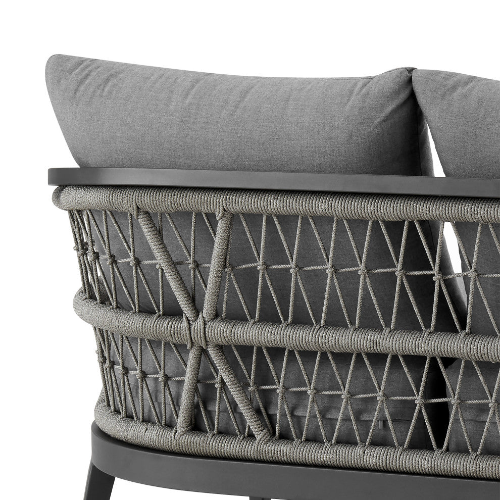 Zella Outdoor Patio Sofa, Aluminum With Light Gray Rope/Earl Gray Cushions