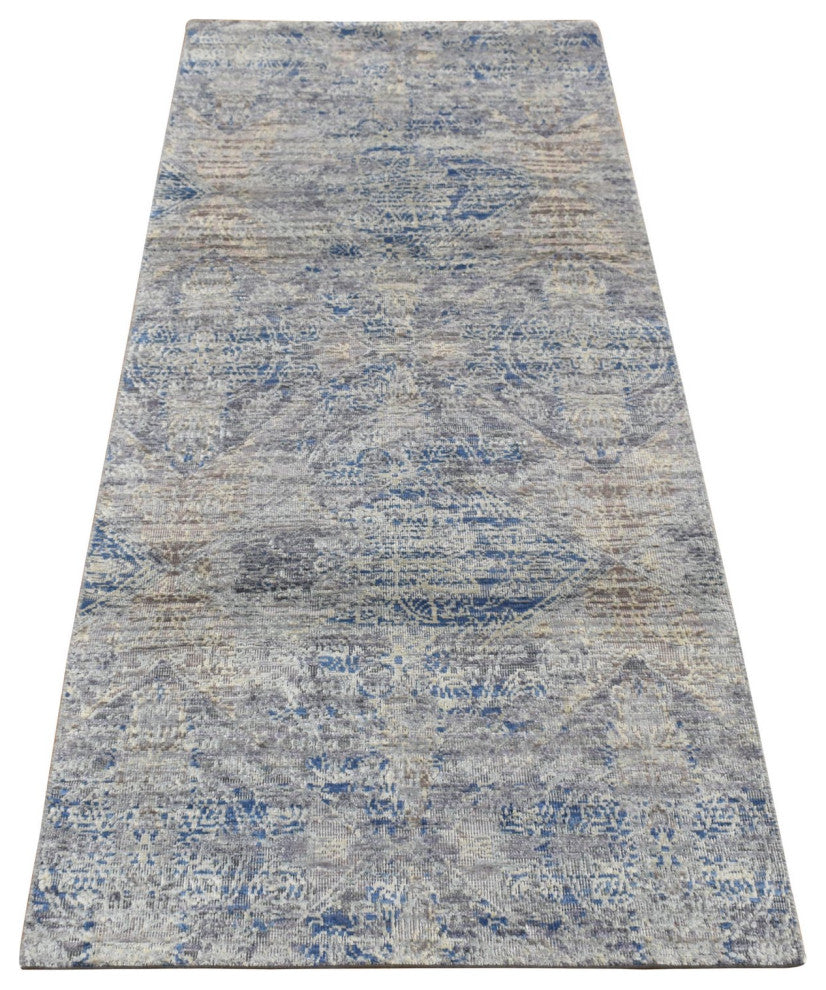 Blue Silk with Wool Erased Rosette Design Hand Knotted Runner Rug 2'6" x 6'