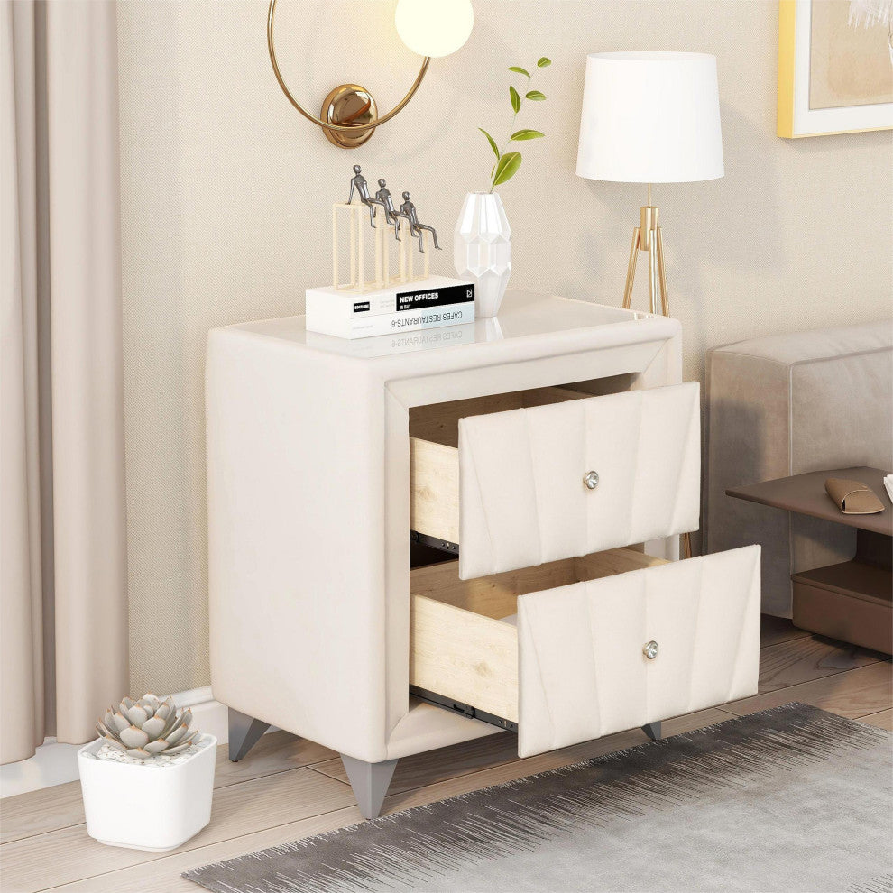2-Drawer Wood Nightstand with Velvet Fabric and Glass Worktop, Beige
