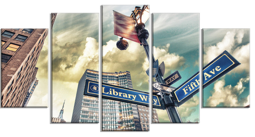 Library Way and 5th Avenue Street Signs, Cityscape Canvas Art, 60"x32", 5 Panels