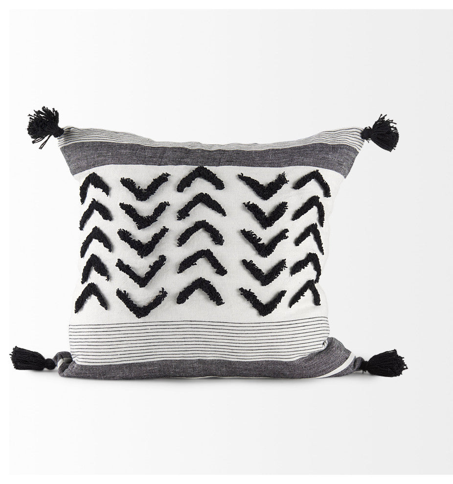 Kimia 20x20 White & Black Herringbone With Fringed Decorative Pillow Cover