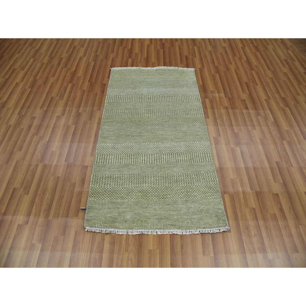 Light Green, Hand Knotted Grass Design, Wool and Silk Rug, 3'0"x5'3"