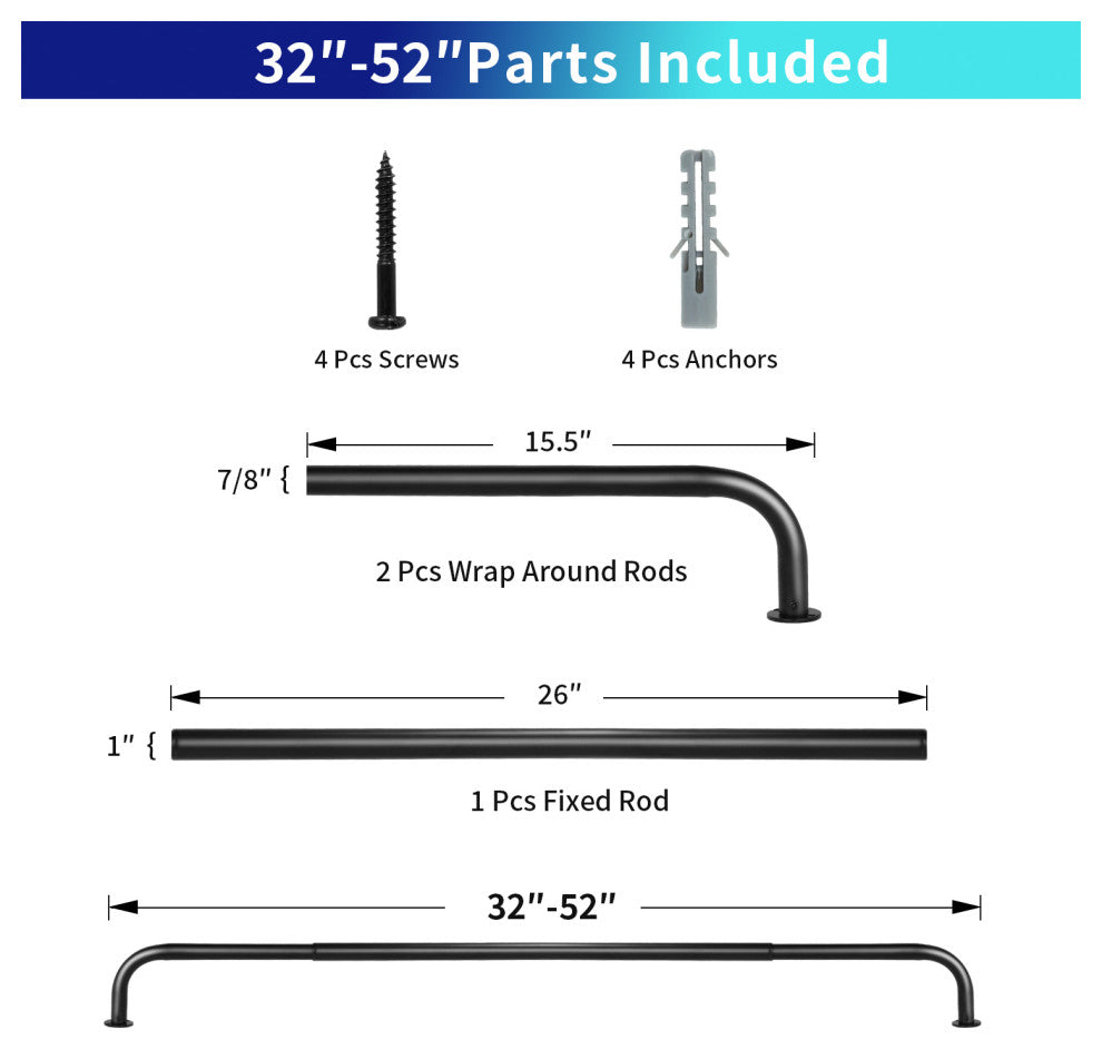 Energy Saving Wrap Around Black Out Return Adjustable Window Curtain Metal Rod, Black, 32-52"