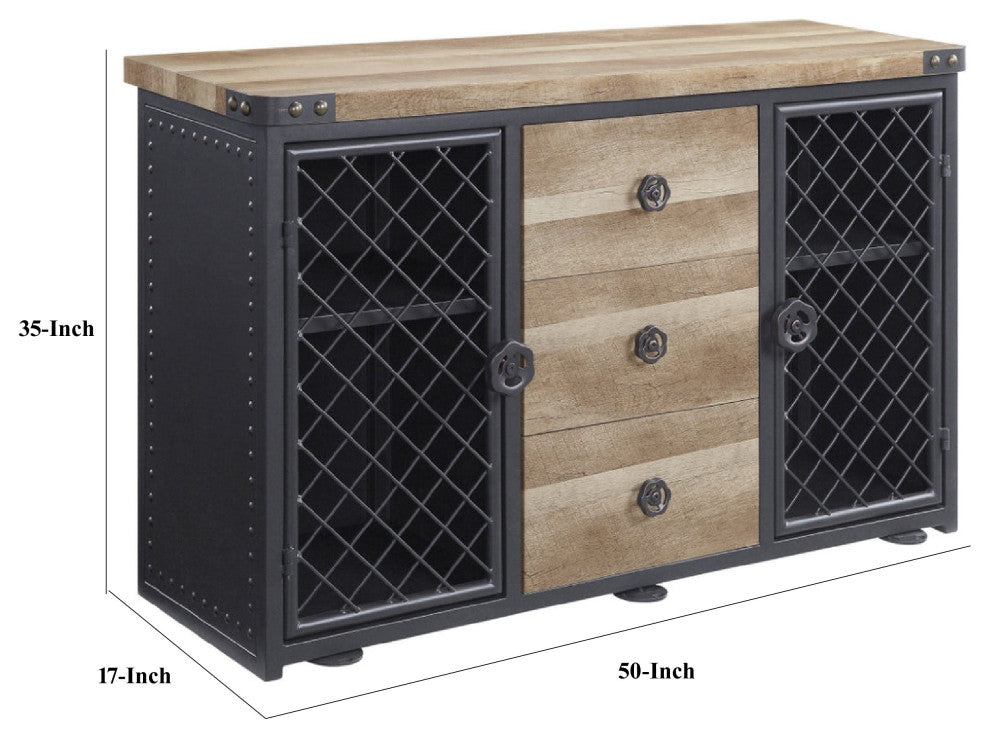 Benzara BM275723 Sideboard Buffet Cabinet, 3 Drawer, Mesh Doors, Nailhead, Oak