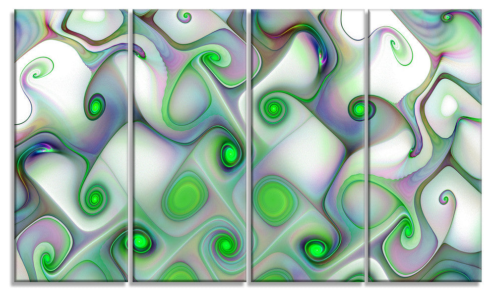 White Green Pattern with Swirls, Abstract Wall Art Canvas, 48"x28", 4 Panels