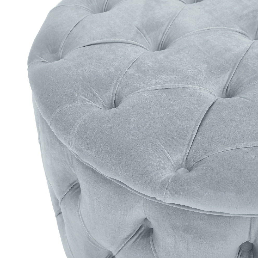 GDF Studio Maelyn Modern Glam Tufted Velvet Round Ottoman, Sky Gray