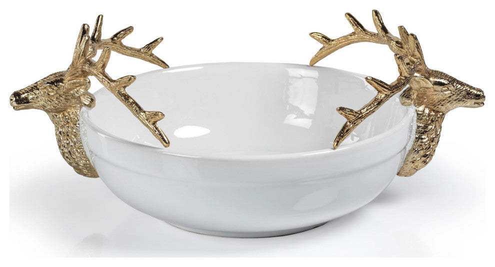 Alberg Ceramic Bowl With Gold Stagg Head Design, Medium