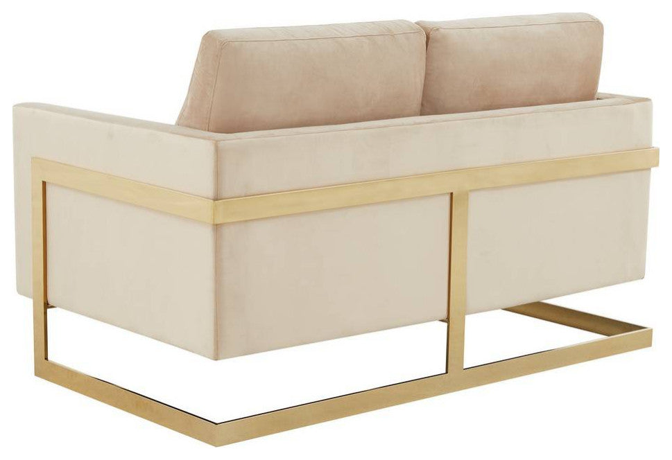 LeisureMod LA55BG Lincoln Beige Modern Mid-Century Velvet Loveseat Gold Frame