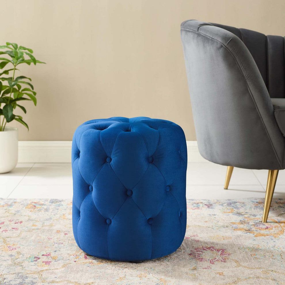 Tufted Accent Chair Ottoman, Round, Velvet, Blue Navy, Modern, Lounge