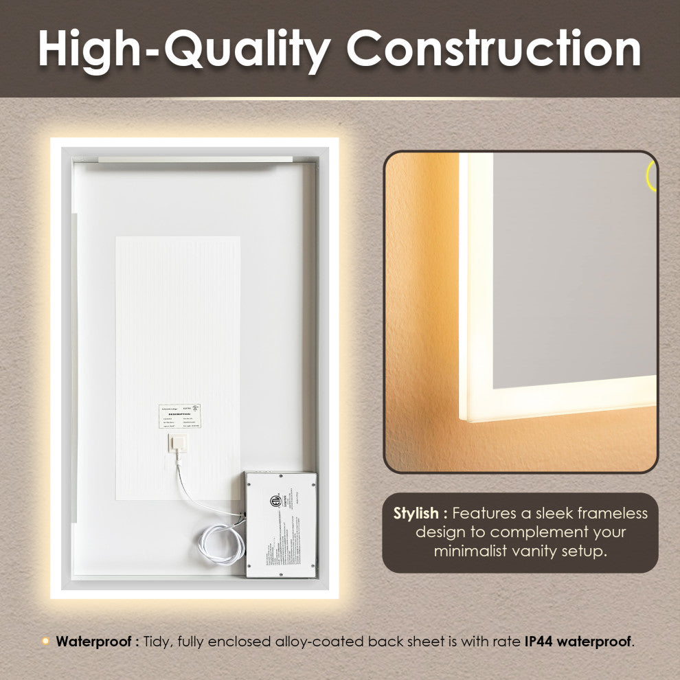 Aurora Framelesss Anti-Fog Dimmable LED Lighted Wall Mirror, No Frame, 48"