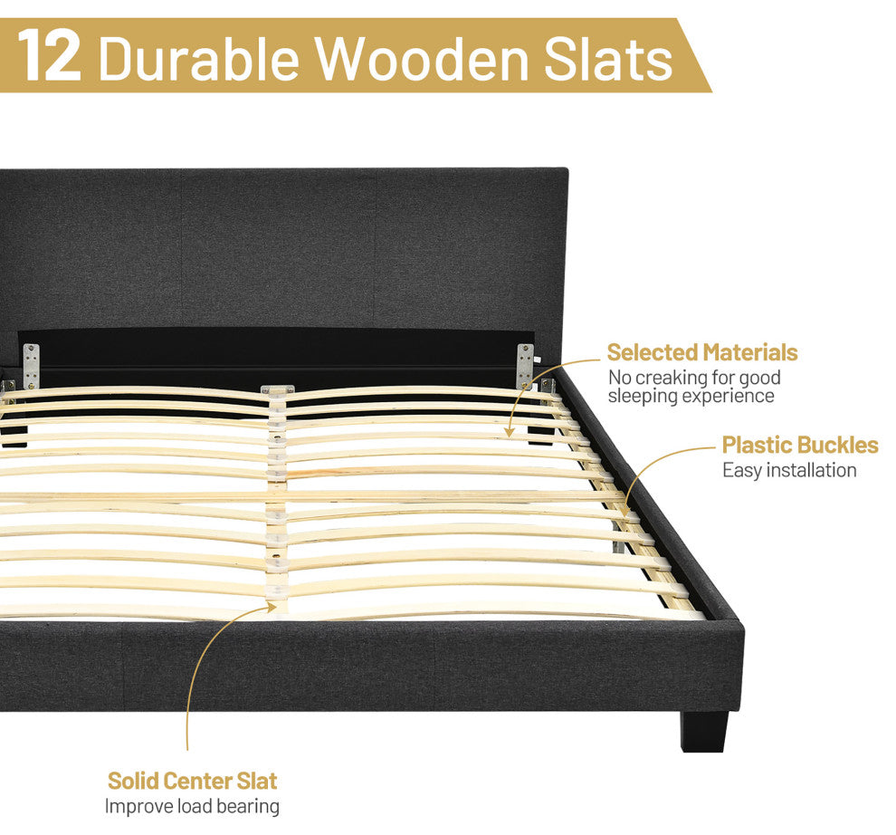 Costway Full Upholstered Platform Bed Frame with Linen Headboard Wood Slat Gray