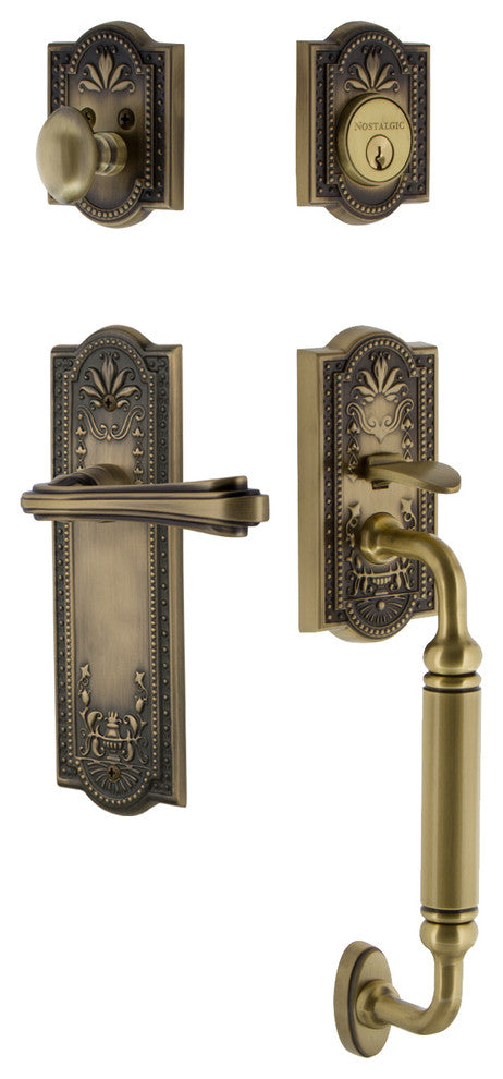 Meadows Plate C Grip Entry Set Fleur Lever, Antique Brass, 2-3/8", Left