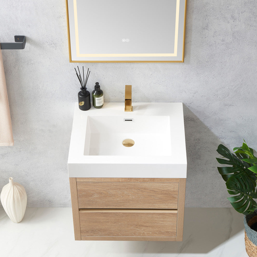 Palencia Floating Bath Vanity With Composite Stone Top, North American Oak, 24", No Mirror