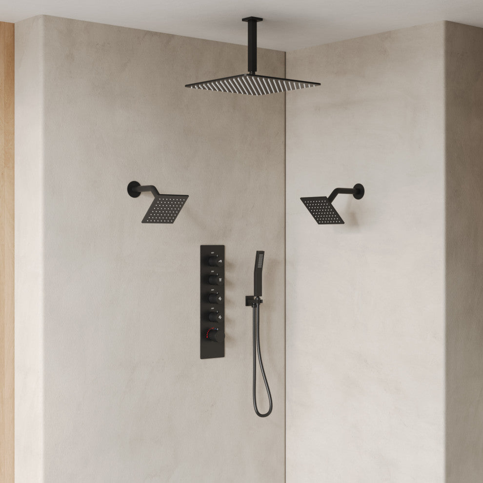 Triple Shower System 16" Rainfall Dual Shower Head with Thermostatic Valve, Matte Black