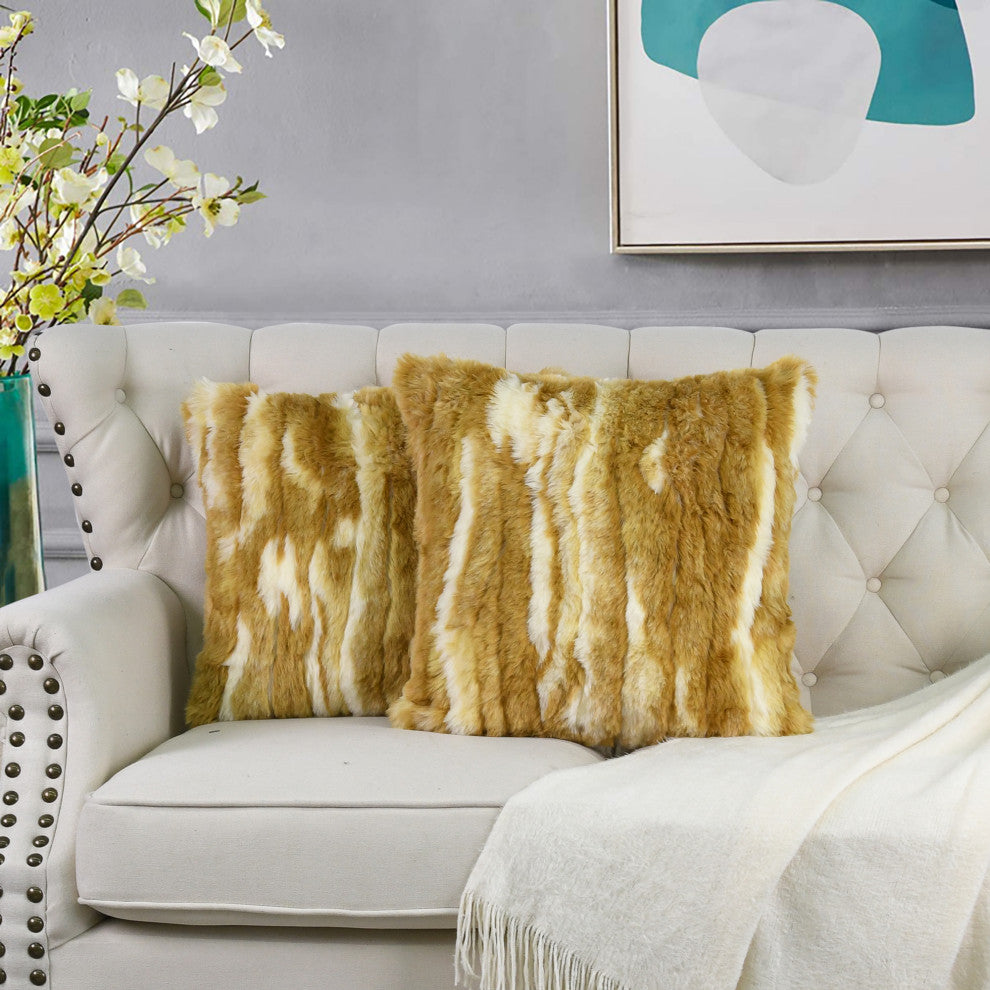 Jacquard Faux Fur Pillow Covers Set of 2, Amber Gold, 26'' x 26''