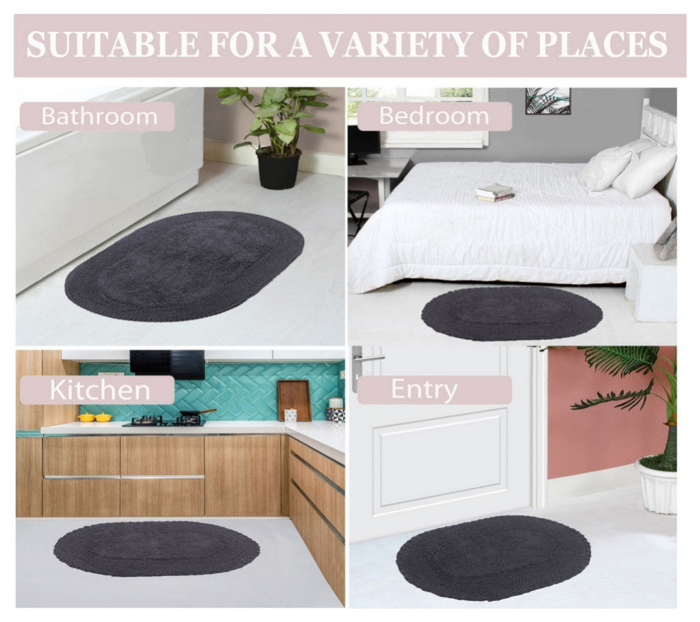 Double Ruffle Collection Bath Rugs Set, 3-Piece Set With Runner, Gray