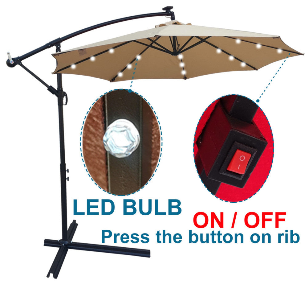 10' Steel Patio Umbrella Outdoor Market With Crank and LED Lights, Tan