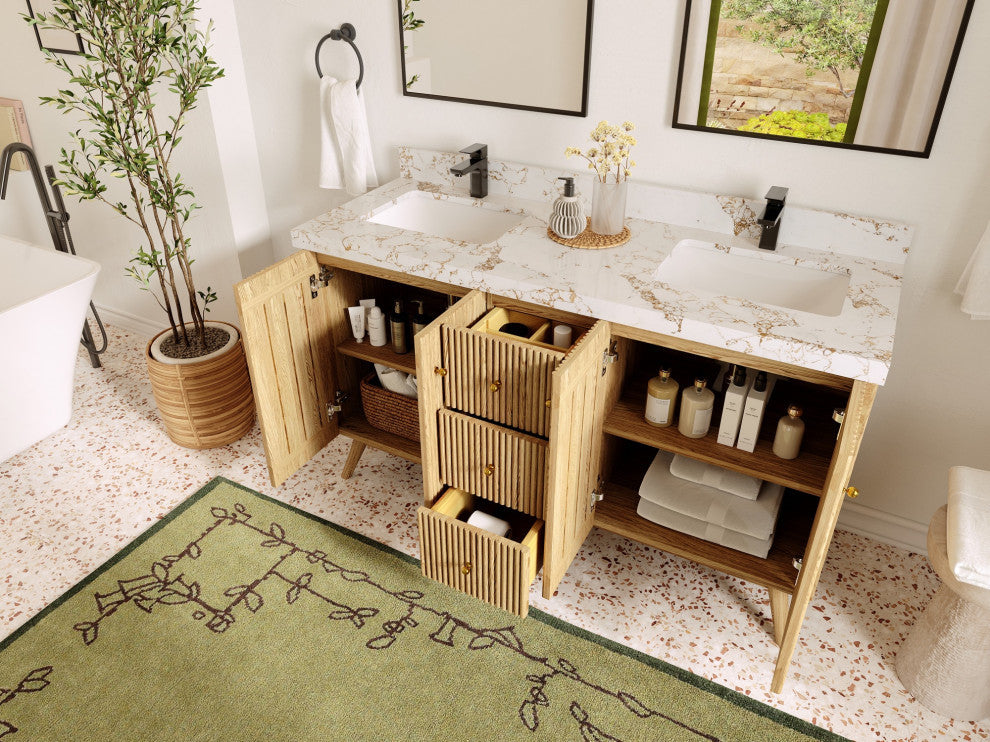 Pasadena Oak 60" Double Bathroom Vanity, White 1.5" Empira Quartz