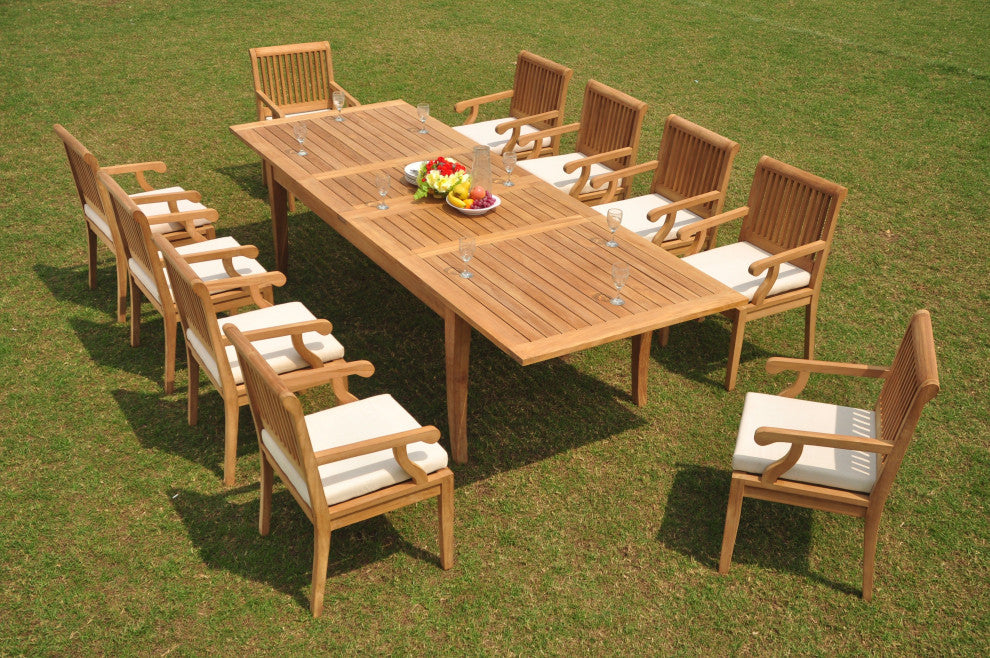 11-Piece Patio Teak Dining Set: 122" X-Large Rectangle Table, 10 Sack Arm Chairs