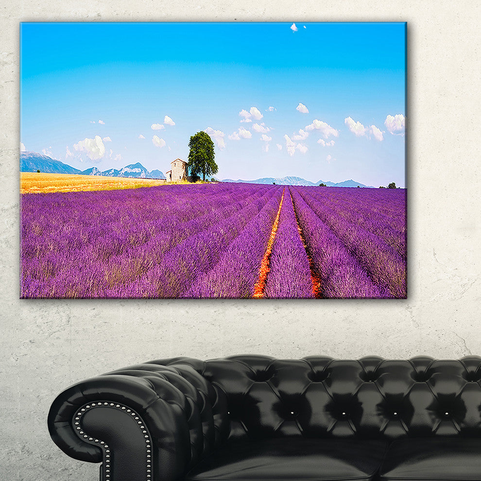 "Remote House And Tree in Lavender Field" Landscape Wall Art, 1 Panel, 60"x28"