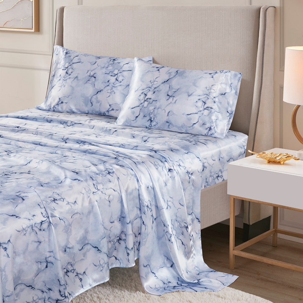 Madison Park Essentials Printed Satin Sheet Set, Twin Blue Marble