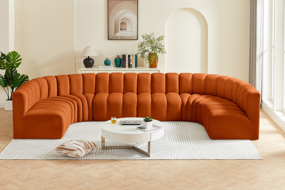 Arc Velvet Upholstered 8-Pc. U-Shaped Modular Sectional, Cognac