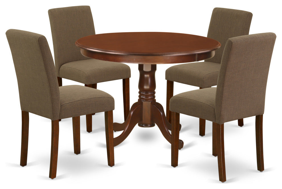 5Pc Round 42" Dinette Table, Four Parson Chair, Mahogany Leg, Fabric Coffee