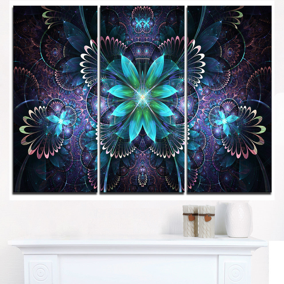 "Fractal Flower Blue Digital Art" Metal Wall Art, 3 Panels, 36"x28"