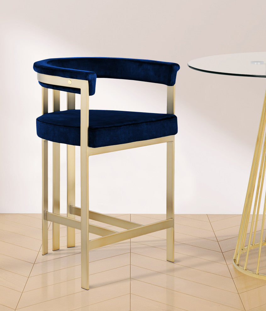 Marcello Upholstered Counter Stool, Navy, Velvet, Brushed Brass
