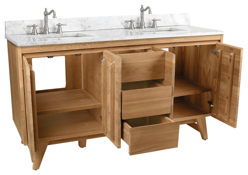 Avanity Coventry 61" Bath Vanity Combo, Natural Teak Finish, Carrara White Marble Top