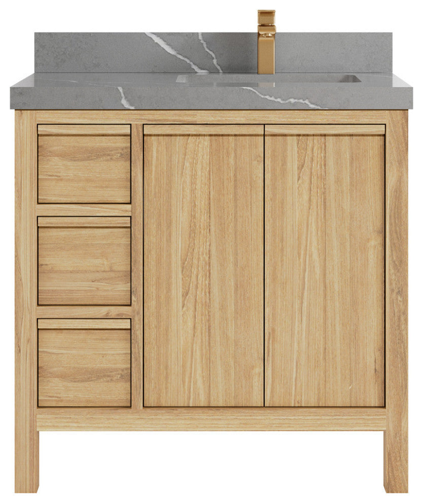 Elizabeth 36 Right Offset Bath Vanity in Light Natural Teak 2" Piatra Gray