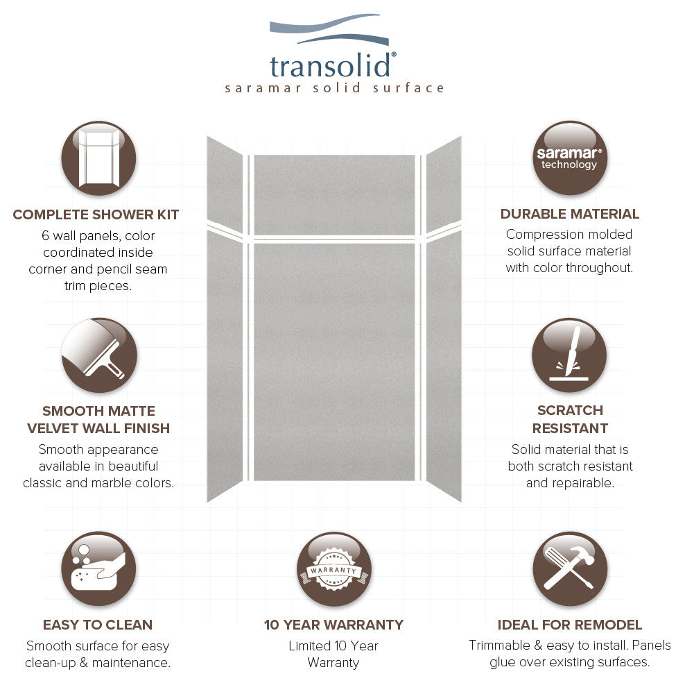 Transolid SaraMar 48"x36"x96" 6-Piece Shower Wall Kit, Grey Beach Velvet