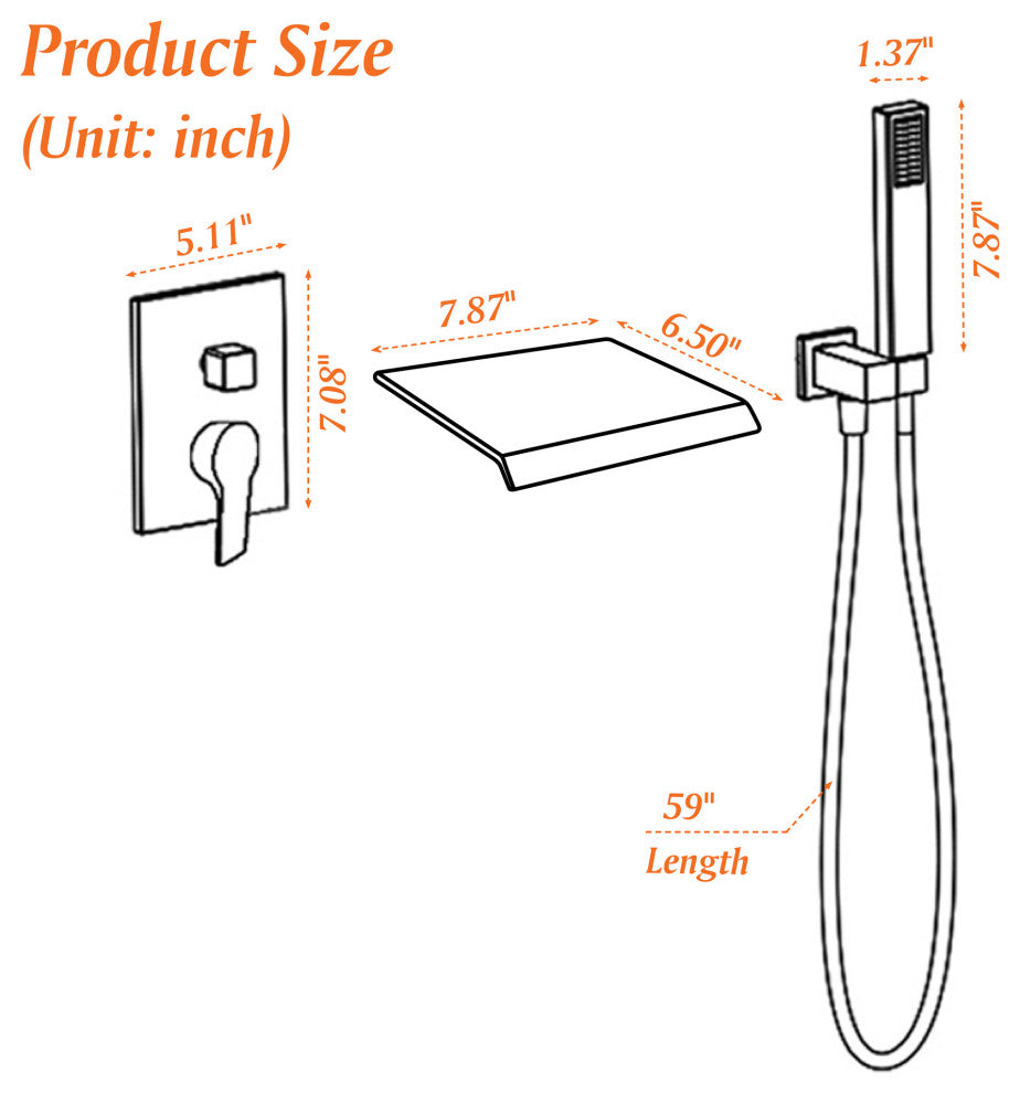 Wellfor Shower Faucet Set, Waterfall Tub Spout and Hand Shower, Brushed Nickel