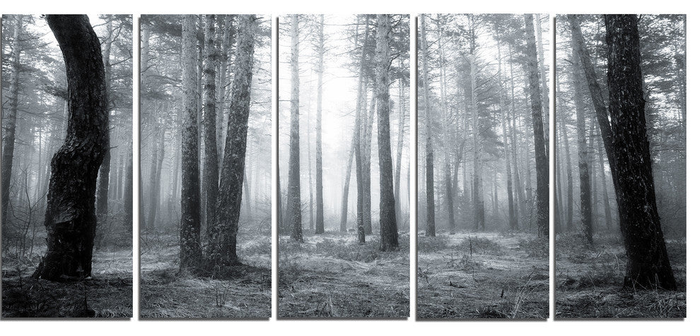 Black and White Foggy Forest, Forest Canvas Art Print, 60"x28", 5 Panels