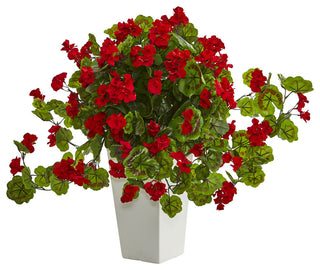 Geranium Artificial Plant, White Tower Planter