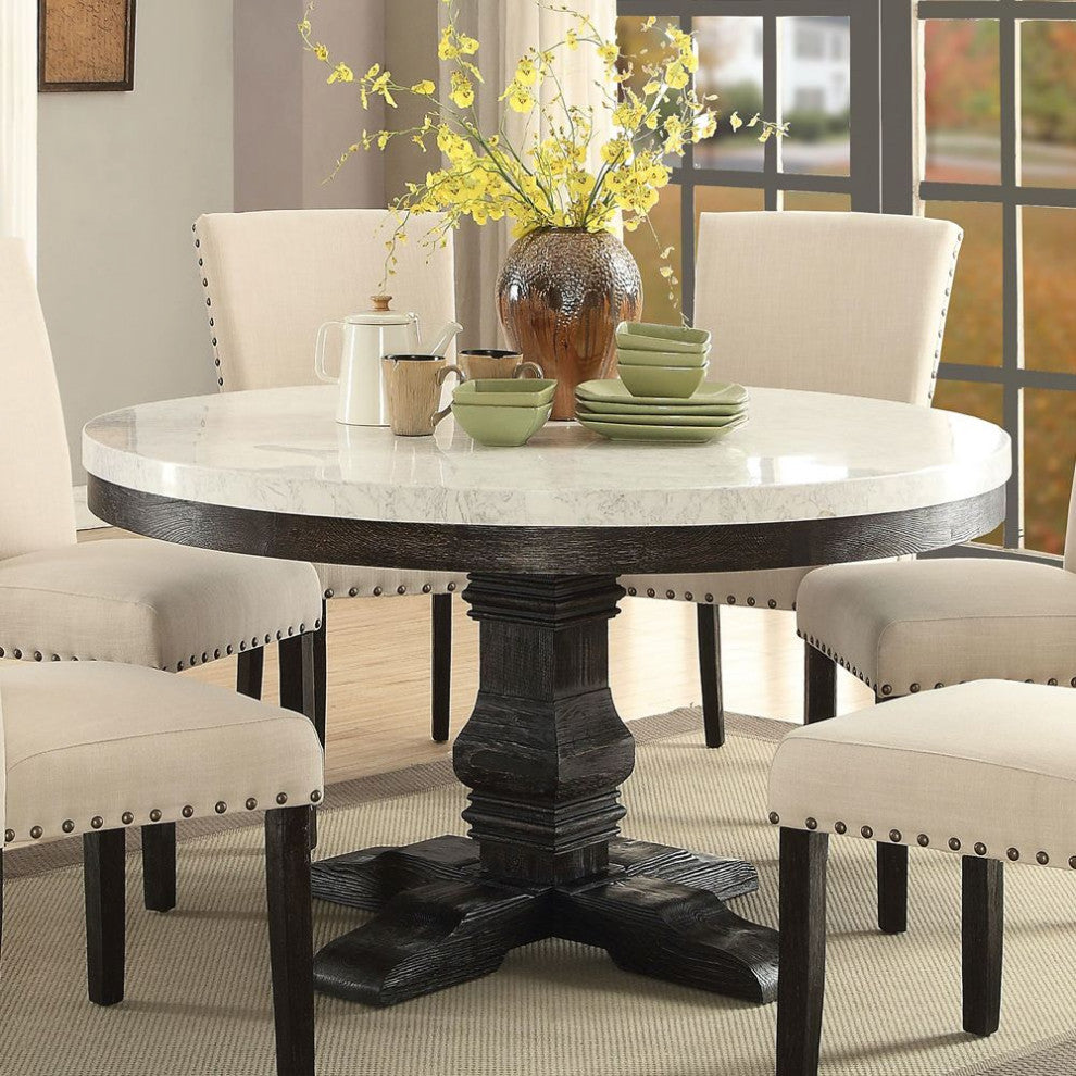 ACME Nolan Dining Table WithPedestal, White Marble and Salvage Dark Oak