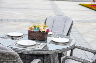 5-Piece Wicker Outdoor Round Dining Set with Grey Cushions