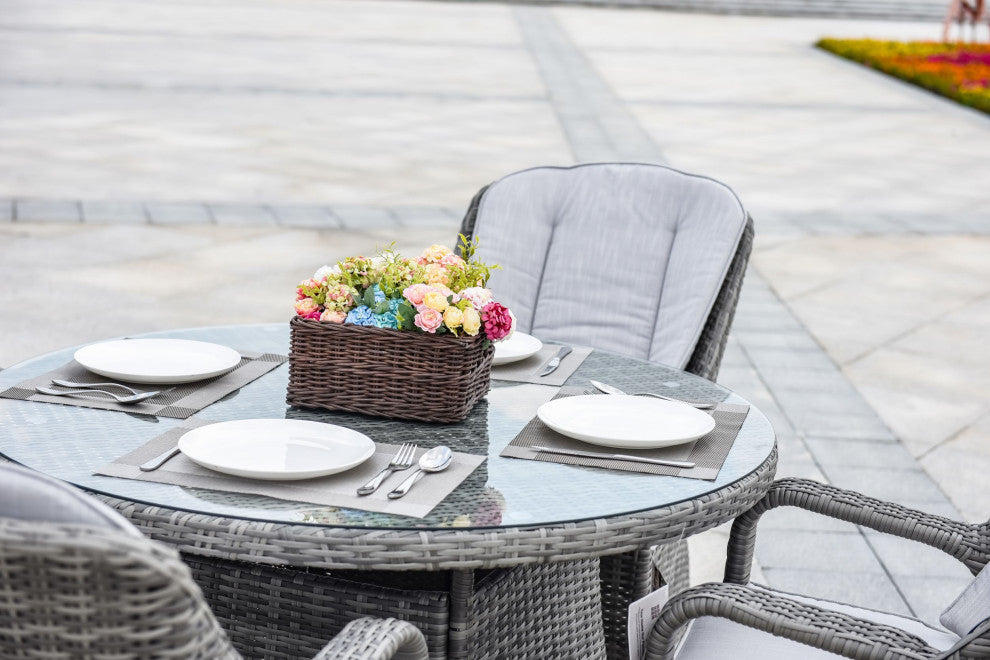 5-Piece Wicker Outdoor Round Dining Set with Grey Cushions