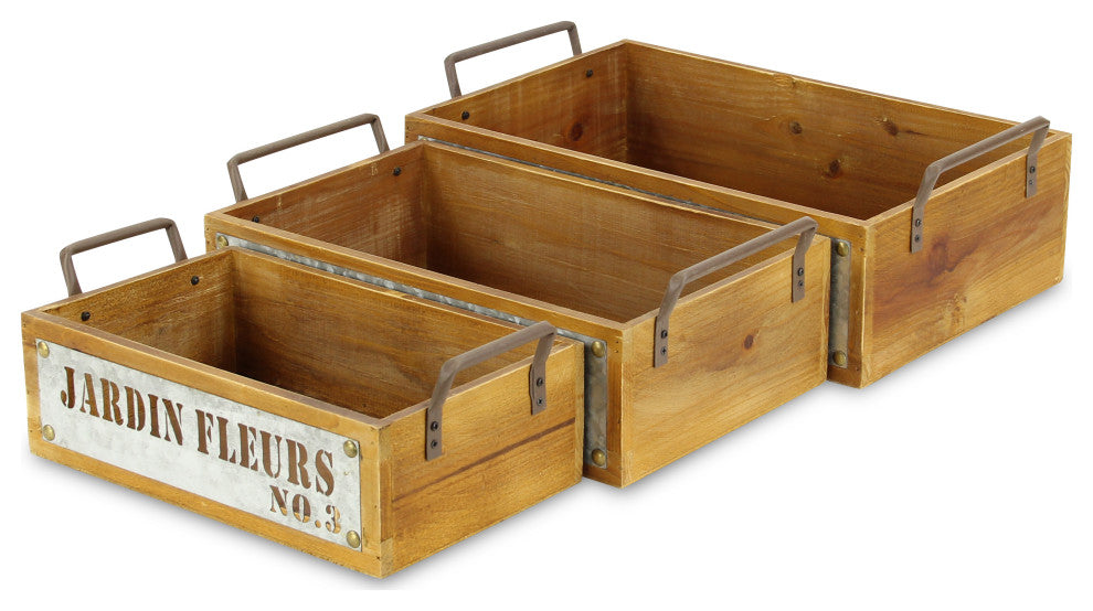 Jardin Fleurs Wood Metal Stamped Crate, Set of 3