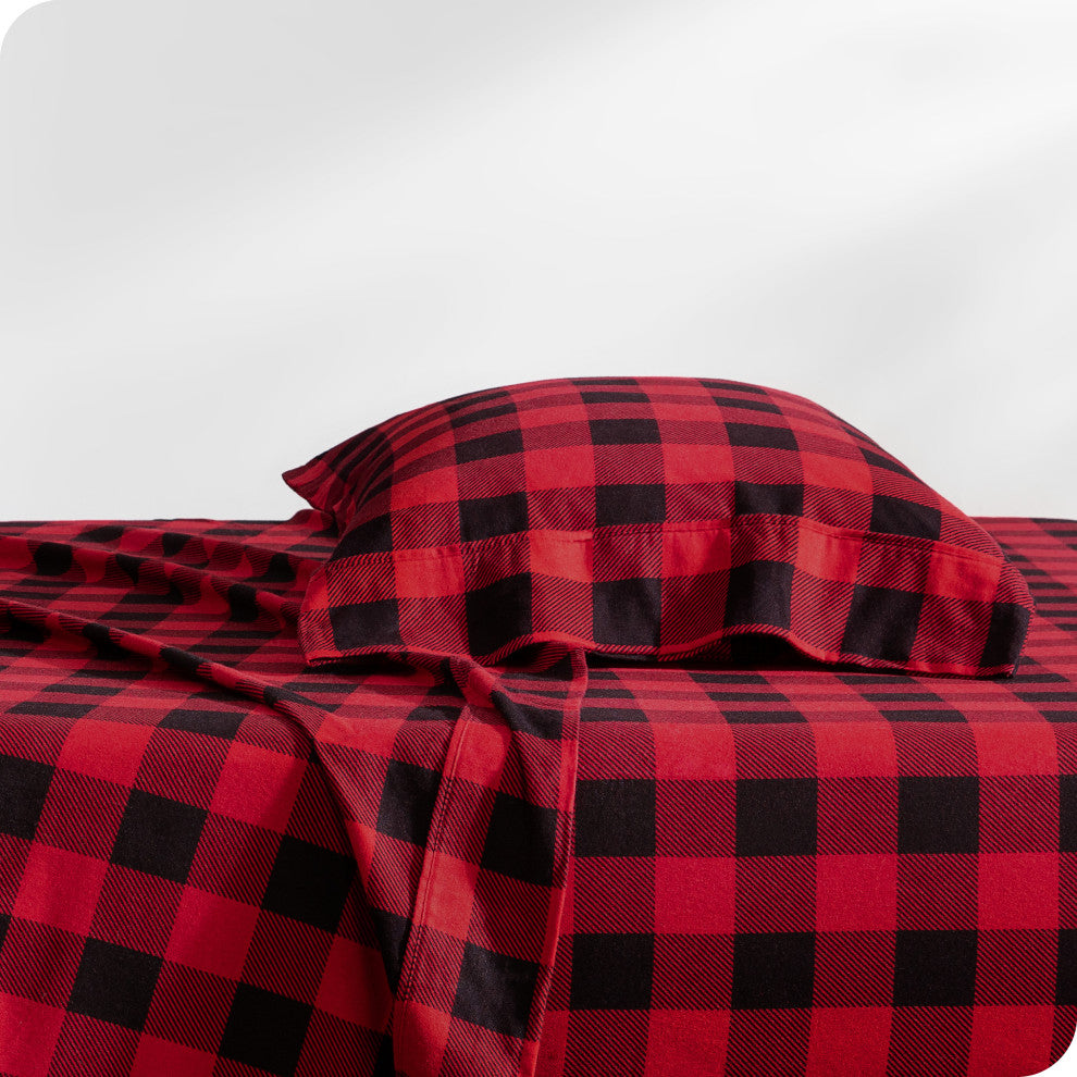 Bare Home Cotton Flannel Sheet Set, Buffalo Plaid - Red/Black, Twin