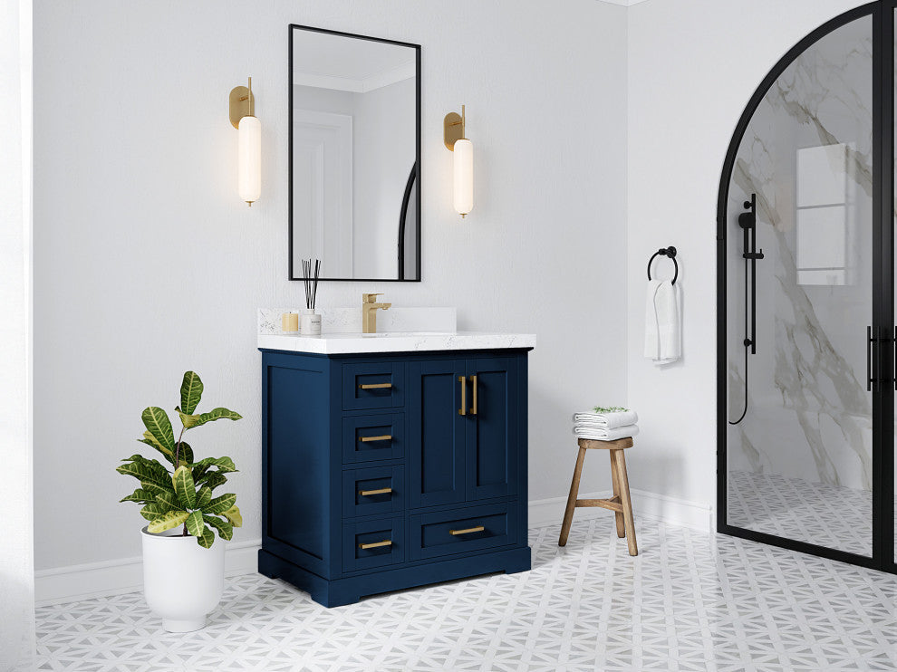 Boston 36 Center Sink Bath Vanity in Navy Blue 2" Carrara Quartz