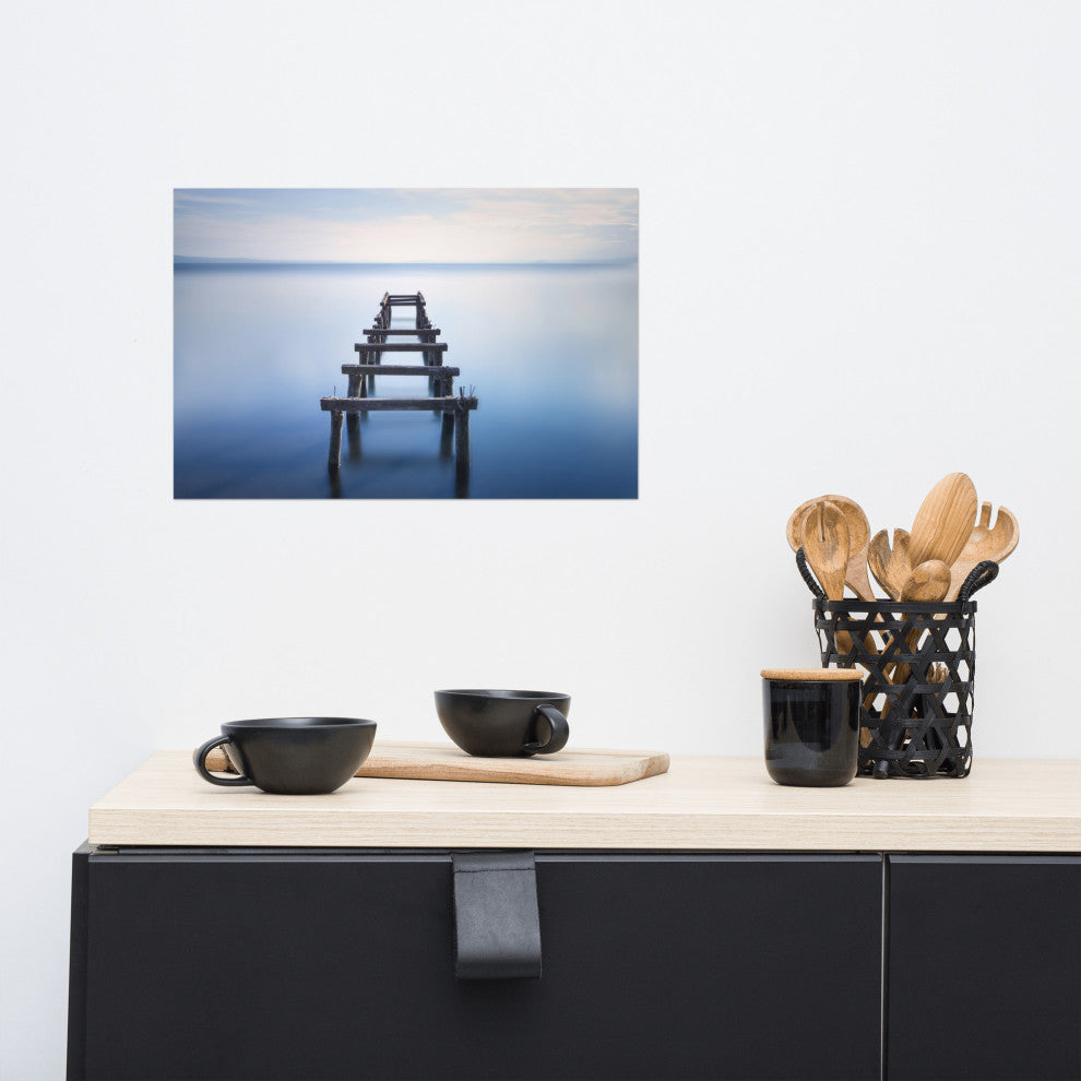Soft Blue Lake and Abandoned Pier Landscape Photo Loose Wall Art Prints, 12" X 18"