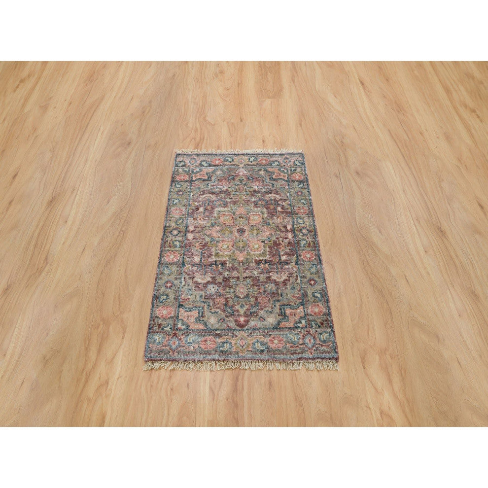 Sangria Red Soft Wool Heris Revival Hand Knotted Mat Oriental Rug, 2'x3'