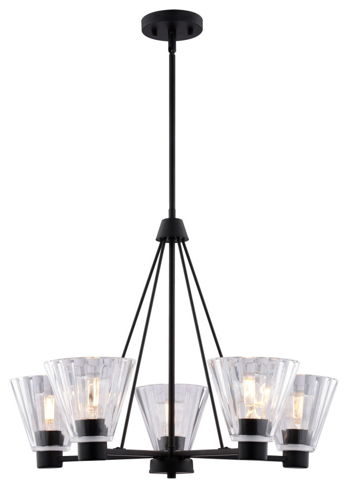 Dalton 5-Light Matte Black Chandelier, Clear Glass Shade, Pendant Fixture