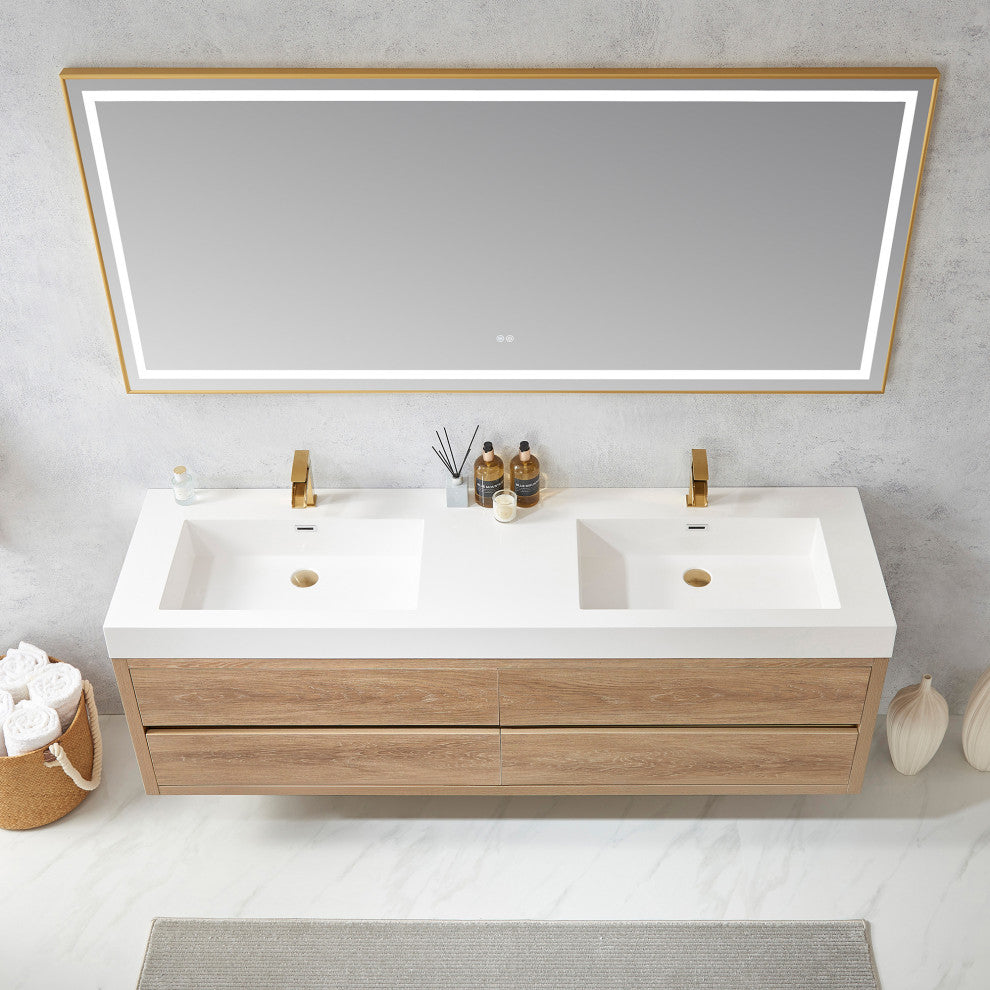 Palencia Floating Bath Vanity With Composite Stone Top, North American Oak, 72", With Mirror