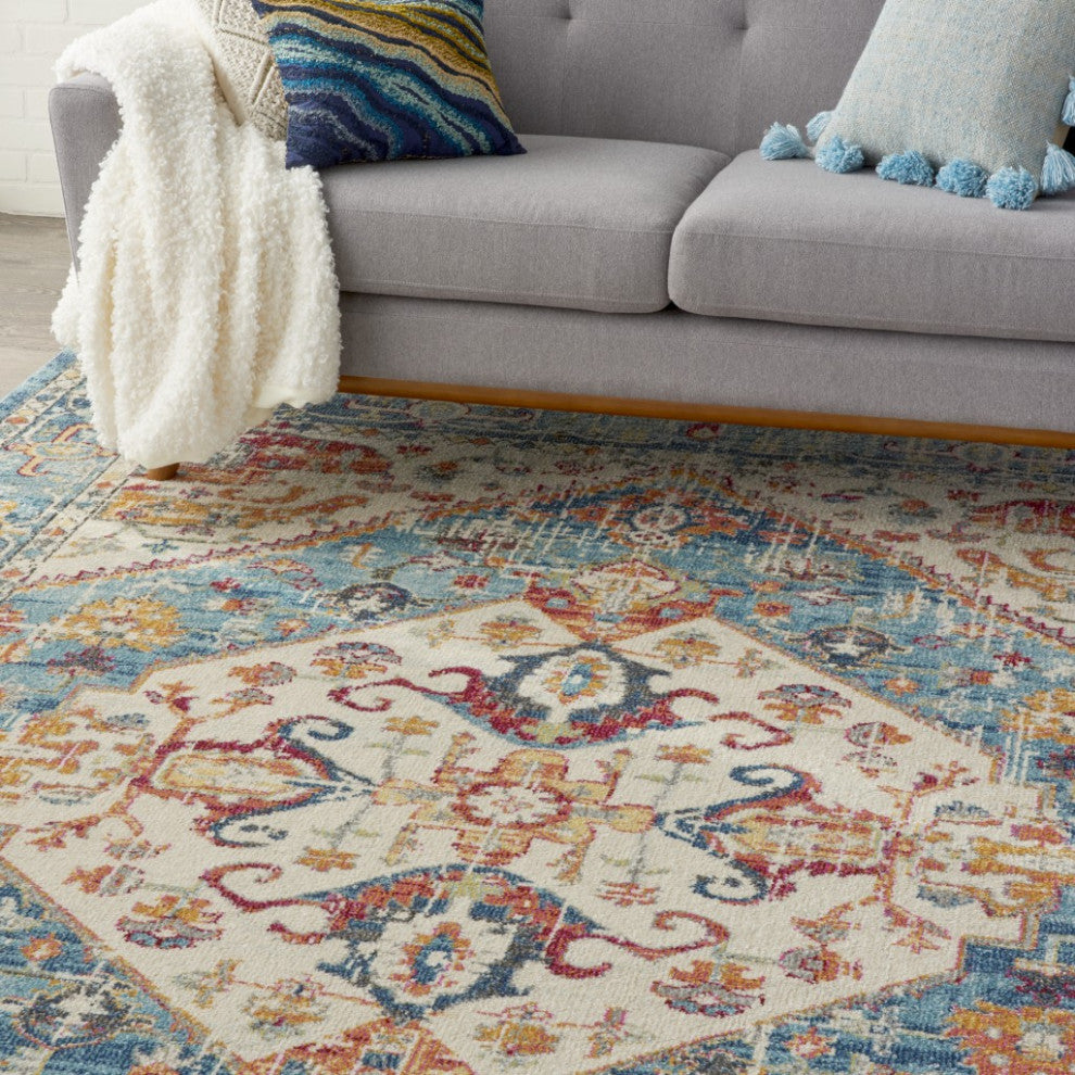 8 x 10 Ivory and Light Blue Distressed Area Rug