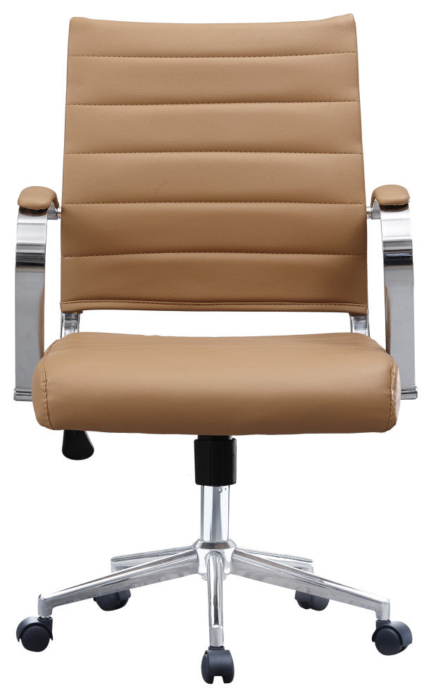 Set of 2 Mid Back Swivel Ribbed PU Leather Office Arm Chair Modern Ergonomic, Beige Tan