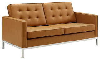Loft Tufted Upholstered Faux Leather Sofa and Loveseat Set Silver Tan