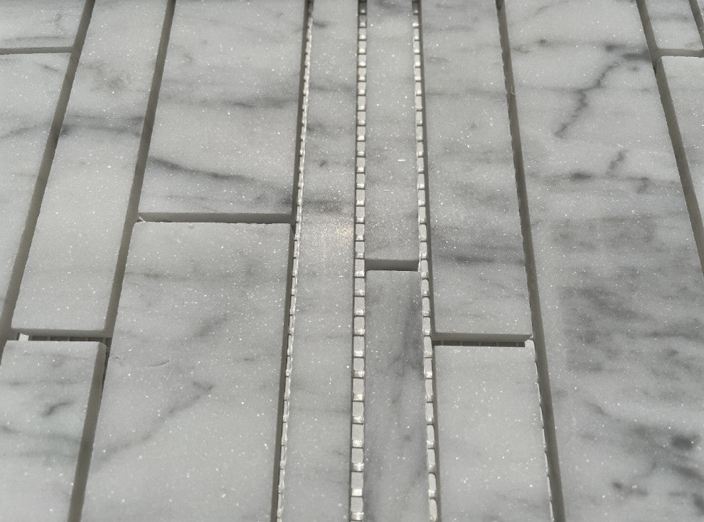 Carrara White Marble Random Strip Modern Brick Mosaic Tile Honed, 1 sheet