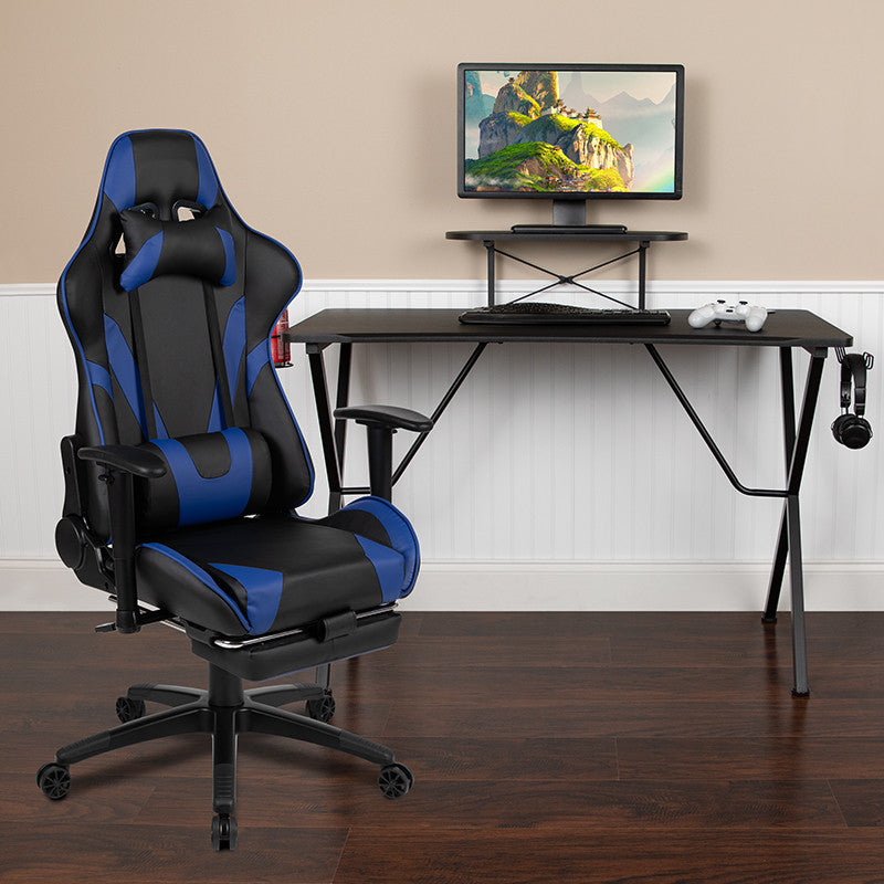 Gaming Desk and Reclining Chair Set, Headphone Hook/Monitor Stand, Blue